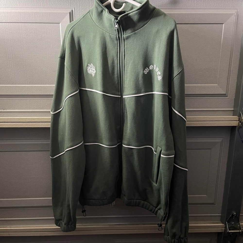 Darc Sport Green and White Zip Up Sweater with Athletic Stripes